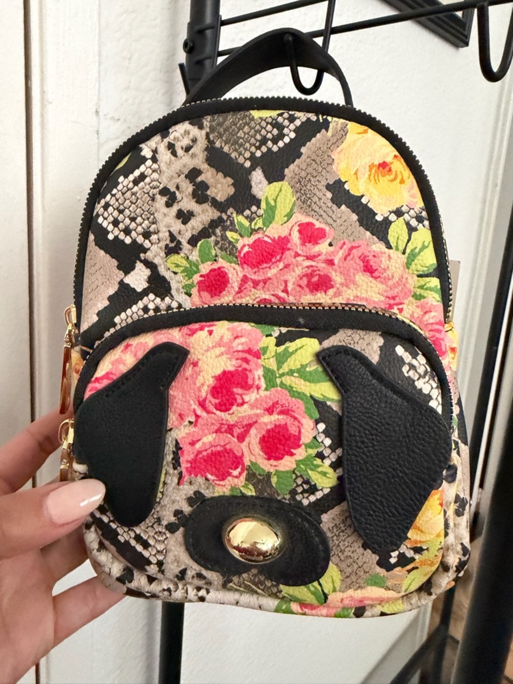 BETSEY JOHNSON Pup Dog Floral Snake-Print Mini Backpack - Black & Pink